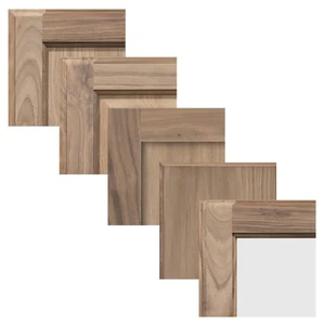 Assortment of cabinet door corner profiles in light wood finishes displayed in a staggered arrangement.