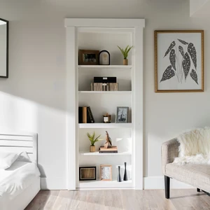 White built-in bookcase in a bedroom, styled with decor and storage, designed to look like a hidden door.