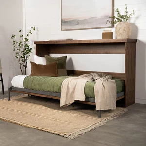Horizontal Murphy bed with a wood cabinet frame, folded down in a contemporary room with neutral decor.