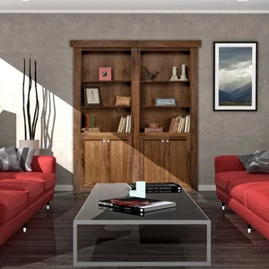 Built-in wood bookcases with lower cabinets fill a wall in a living room with red sofas and a coffee table.