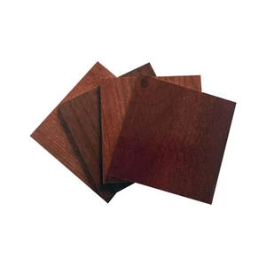 Four square wood finish samples in varying dark brown tones arranged in a fan layout.