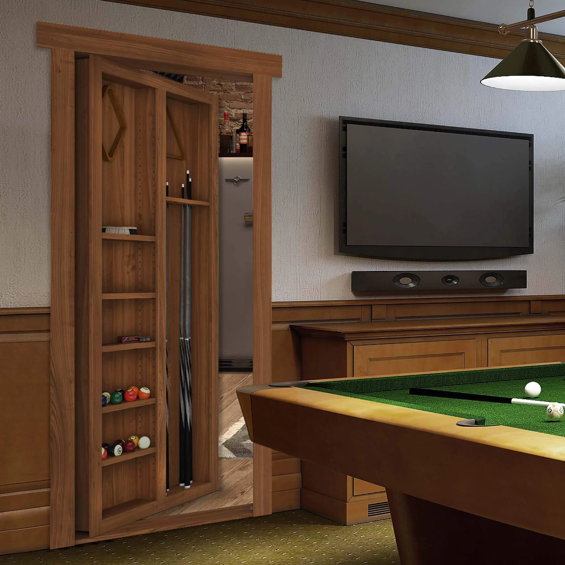 Murphy Door® wooden bookcase hidden door with pool cue storage in a game room featuring a billiards table and wall-mounted TV.