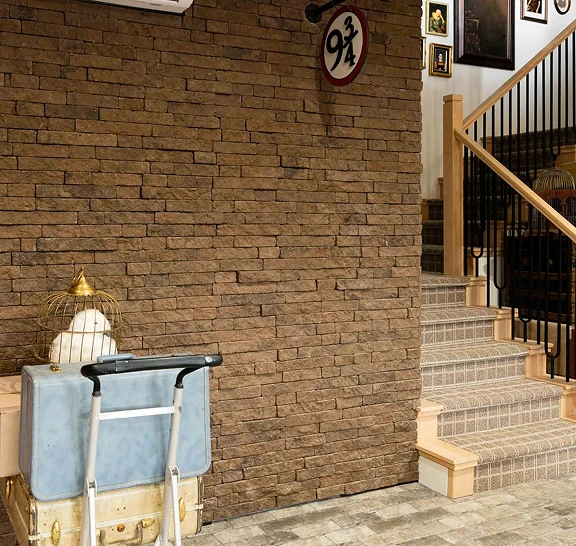 Harry Potter themed interior with brick wall, Platform 9¾ sign, golden cage, vintage suitcases and carpeted staircase.